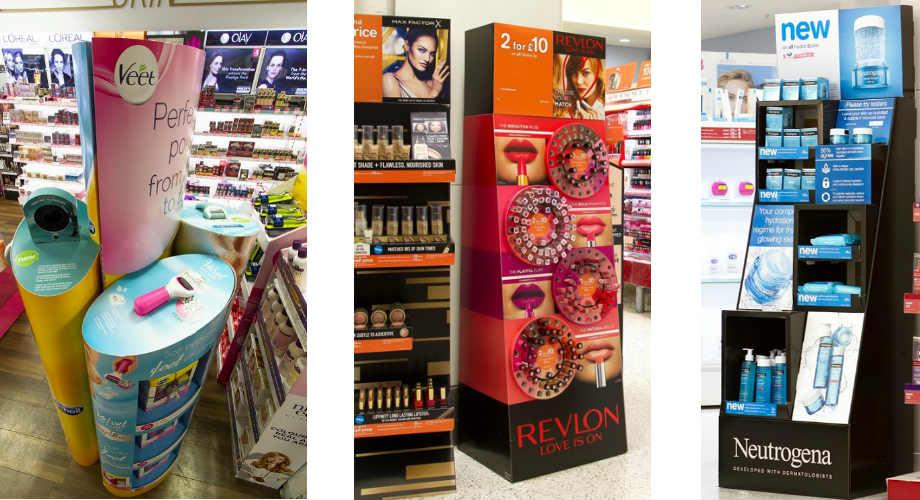 Przykłady ekspozytorów POS zaprojektowanych dla branży beauty. Różne konstrukcje odpowiadają na odmienne potrzeby marek, produktów i przestrzeni handlowych. 