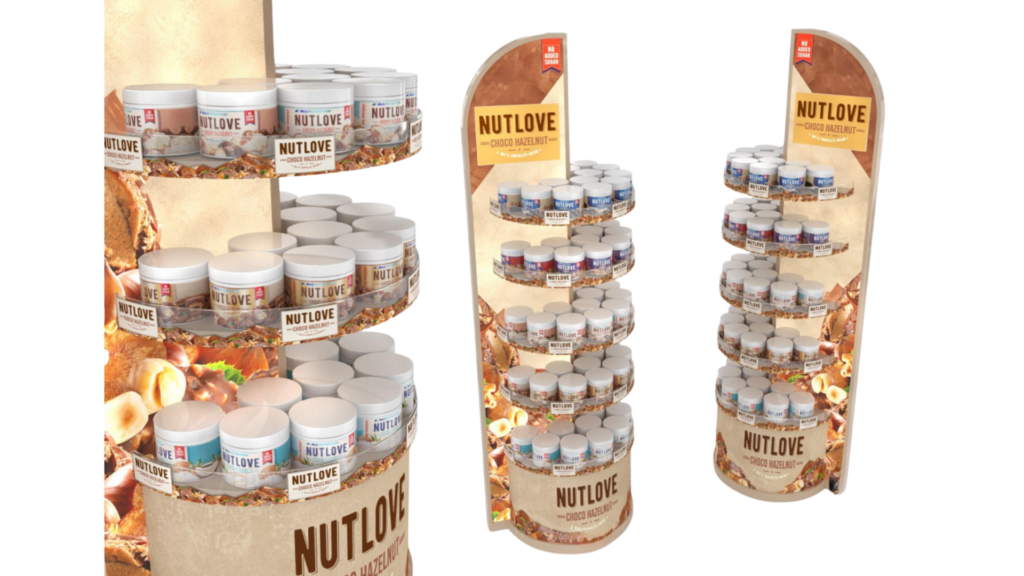 Permanentny ekspozytor wolnostojący zaprojektowany przez UC POS dla marki Nutlove. Konstrukcja umożliwia łatwe uzupełnianie produktów oraz maksymalne wykorzystanie przestrzeni sprzedażowej.
