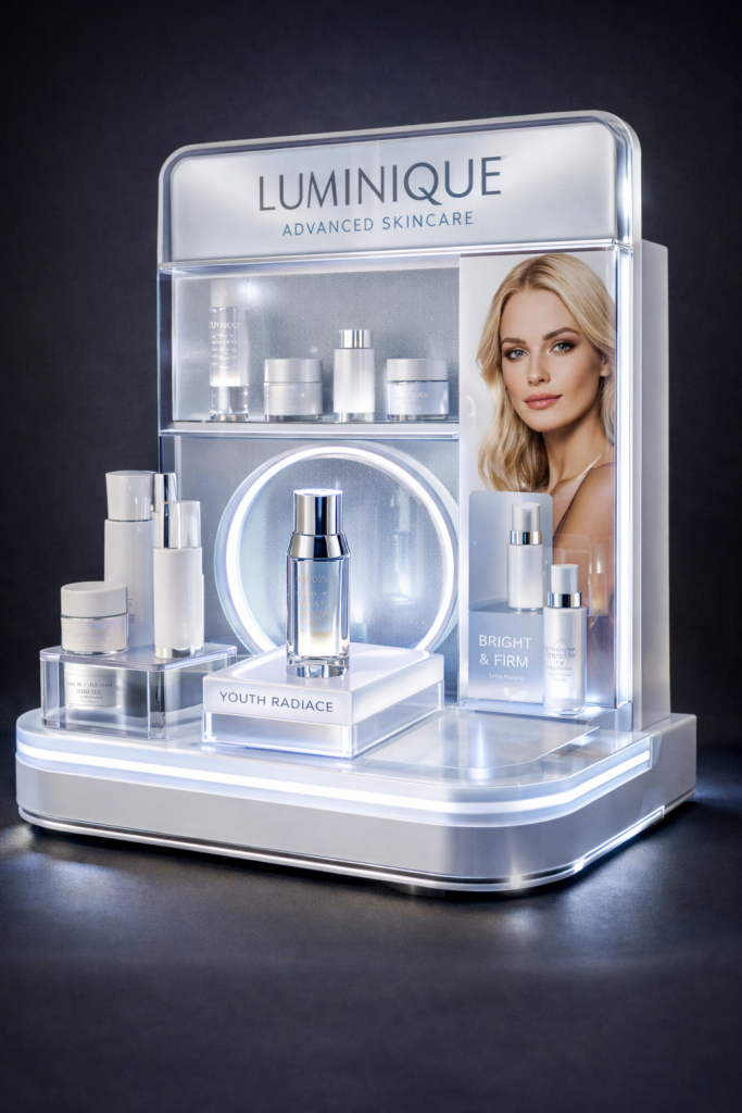Illuminated permanent skincare display with interchangeable graphics and modular merchandising elements.