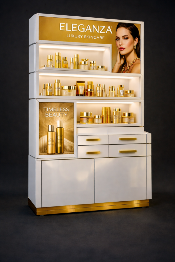 Luxury permanent cosmetic display combining lacquered MDF, premium finishes and integrated LED lighting.