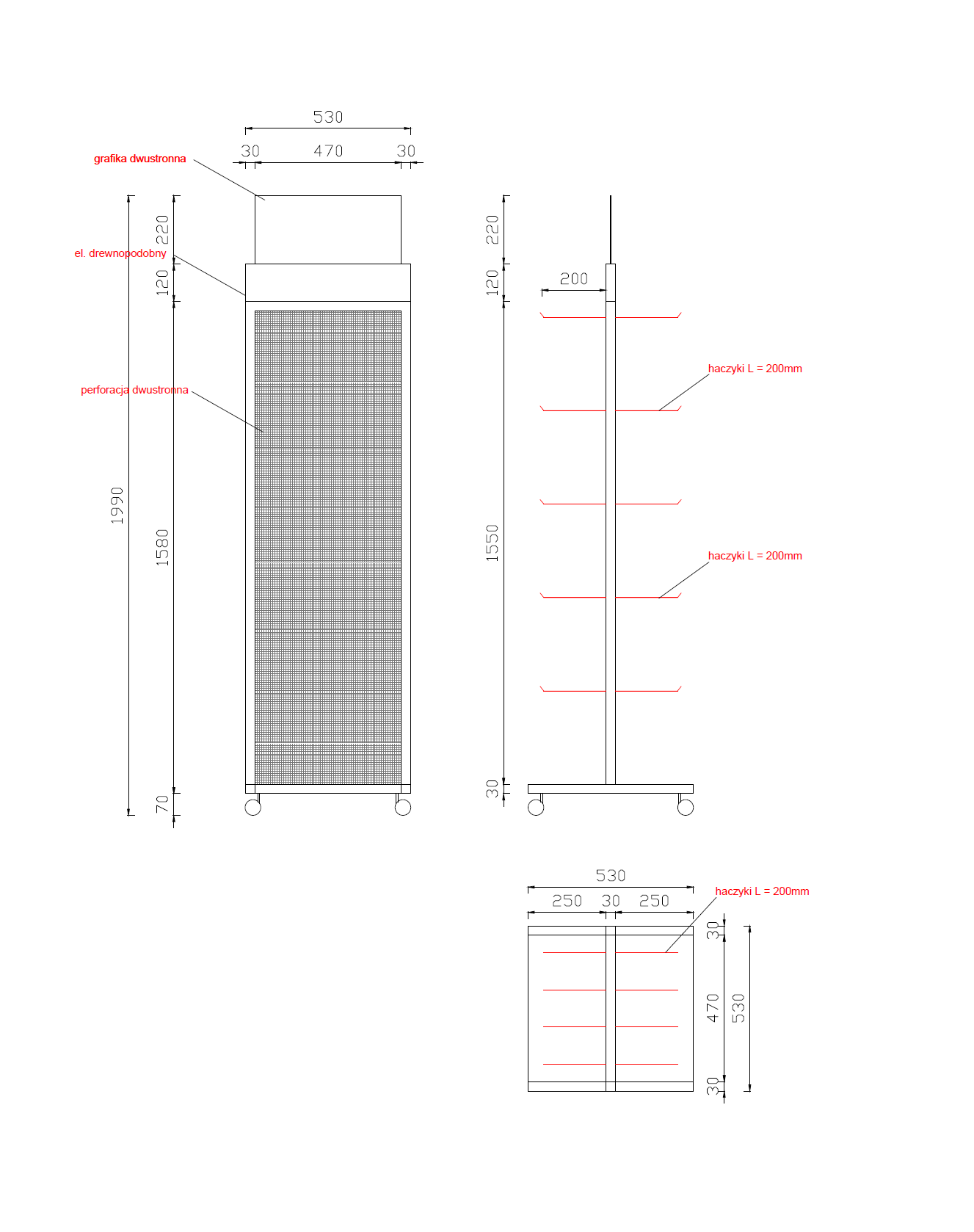 Technical drawing of a custom metal retail display showing structural dimensions, engineering details and construction optimized for manufacturing efficiency.