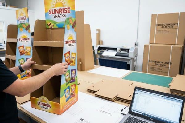 Printed cardboard sheets prepared for die-cutting and retail display production.