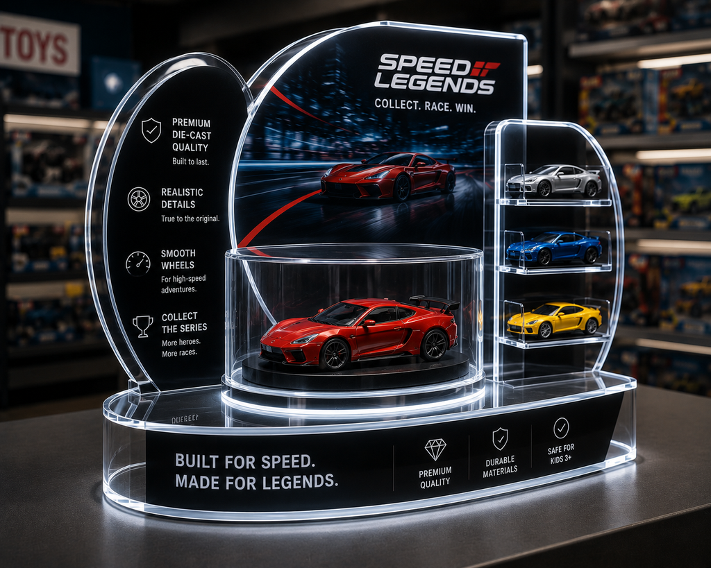 Curved acrylic display with transparent PMMA showcase, LED illumination and modular compartments designed for premium collectible products.