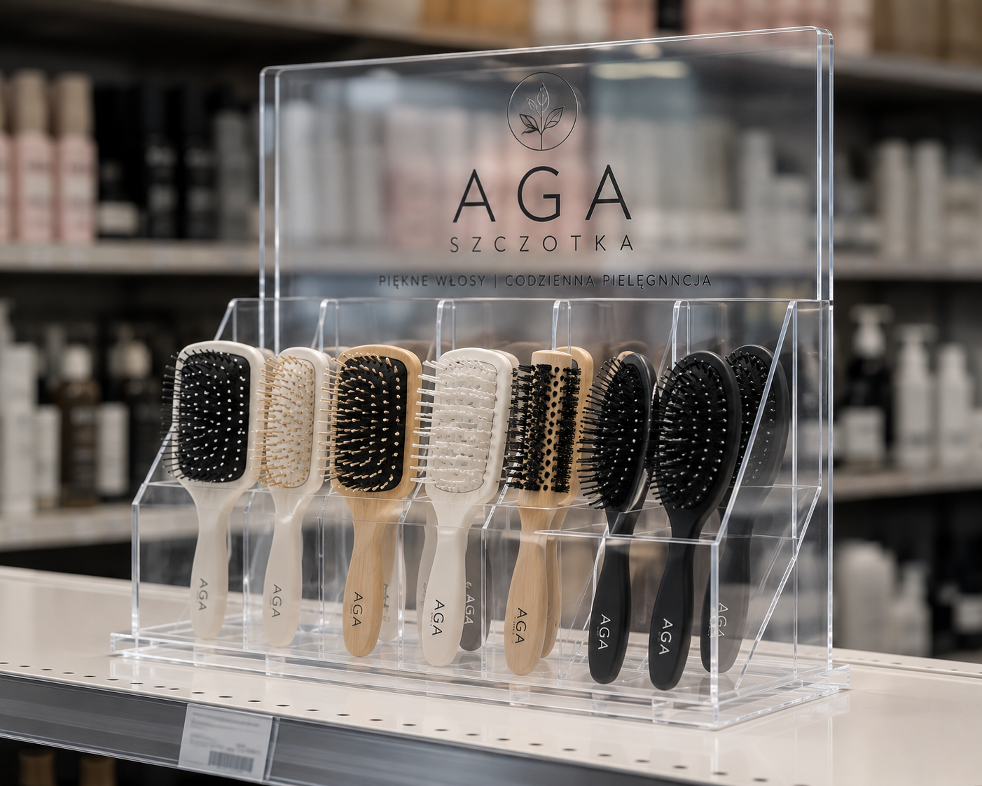Transparent PMMA countertop display with multiple product compartments designed for premium hair brushes in a retail environment.