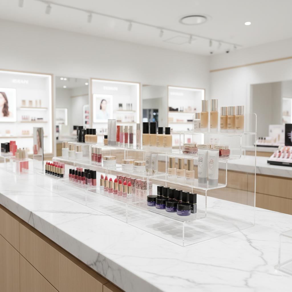 Clear acrylic countertop displays presenting cosmetics in an organised way, encouraging impulse purchases in premium retail.