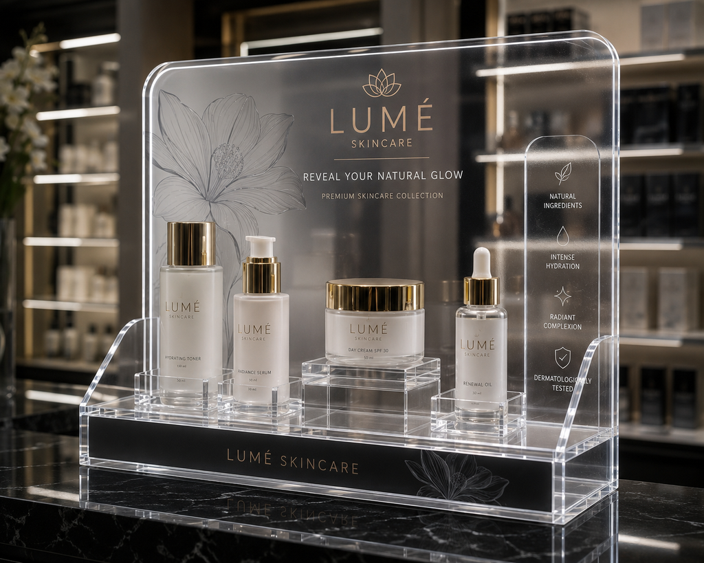 Premium acrylic retail display manufactured from transparent PMMA with integrated product holders, printed graphics and illuminated merchandising elements.