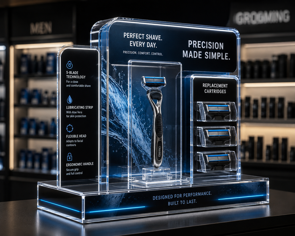 Premium acrylic retail display manufactured from transparent PMMA with illuminated edges, interchangeable graphics and dedicated product holders for shaving accessories.